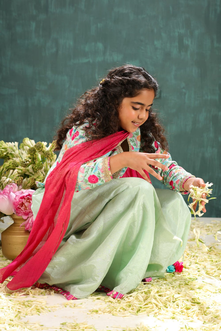 Waist Coat Style Velvet Print Blouse With Tisuue Lehenga Set – Green Kids Lehenga Set | PNK – Isha Arora India