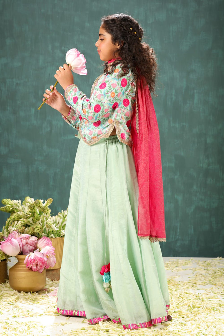 Waist Coat Style Velvet Print Blouse With Tisuue Lehenga Set – Green Kids Lehenga Set | PNK – Isha Arora India