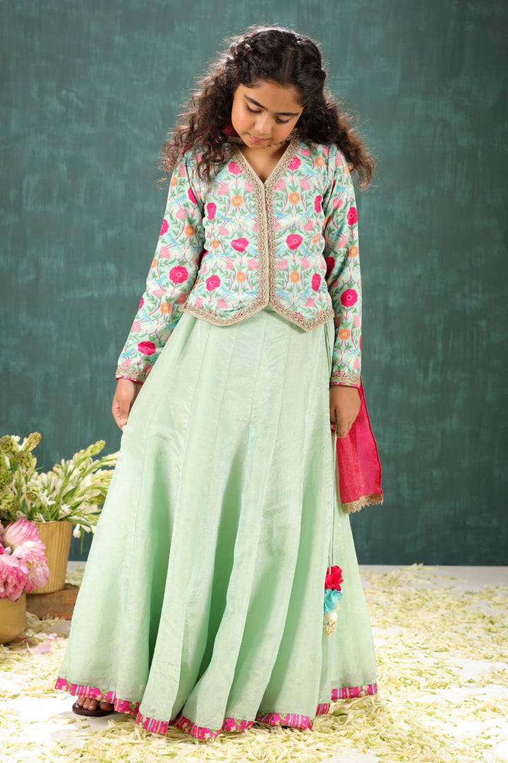 Waist Coat Style Velvet Print Blouse With Tisuue Lehenga Set – Green Kids Lehenga Set | PNK – Isha Arora India