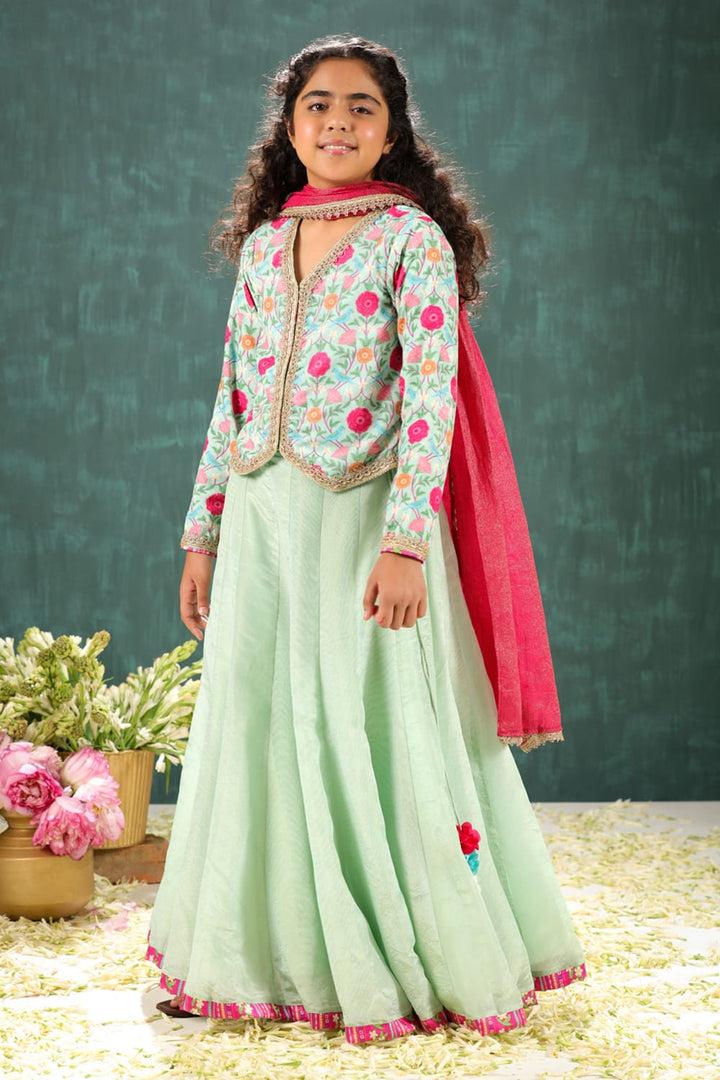 Waist Coat Style Velvet Print Blouse With Tisuue Lehenga Set – Green Kids Lehenga Set | PNK – Isha Arora India