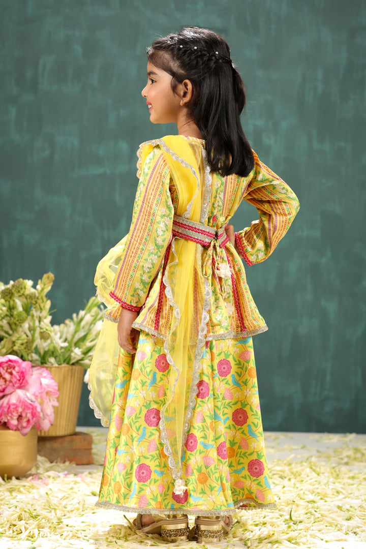 Peela Coordinated Stripe and Aloral Print Sharara Set – Yellow Kids Sharara Set | PNK – Isha Arora India
