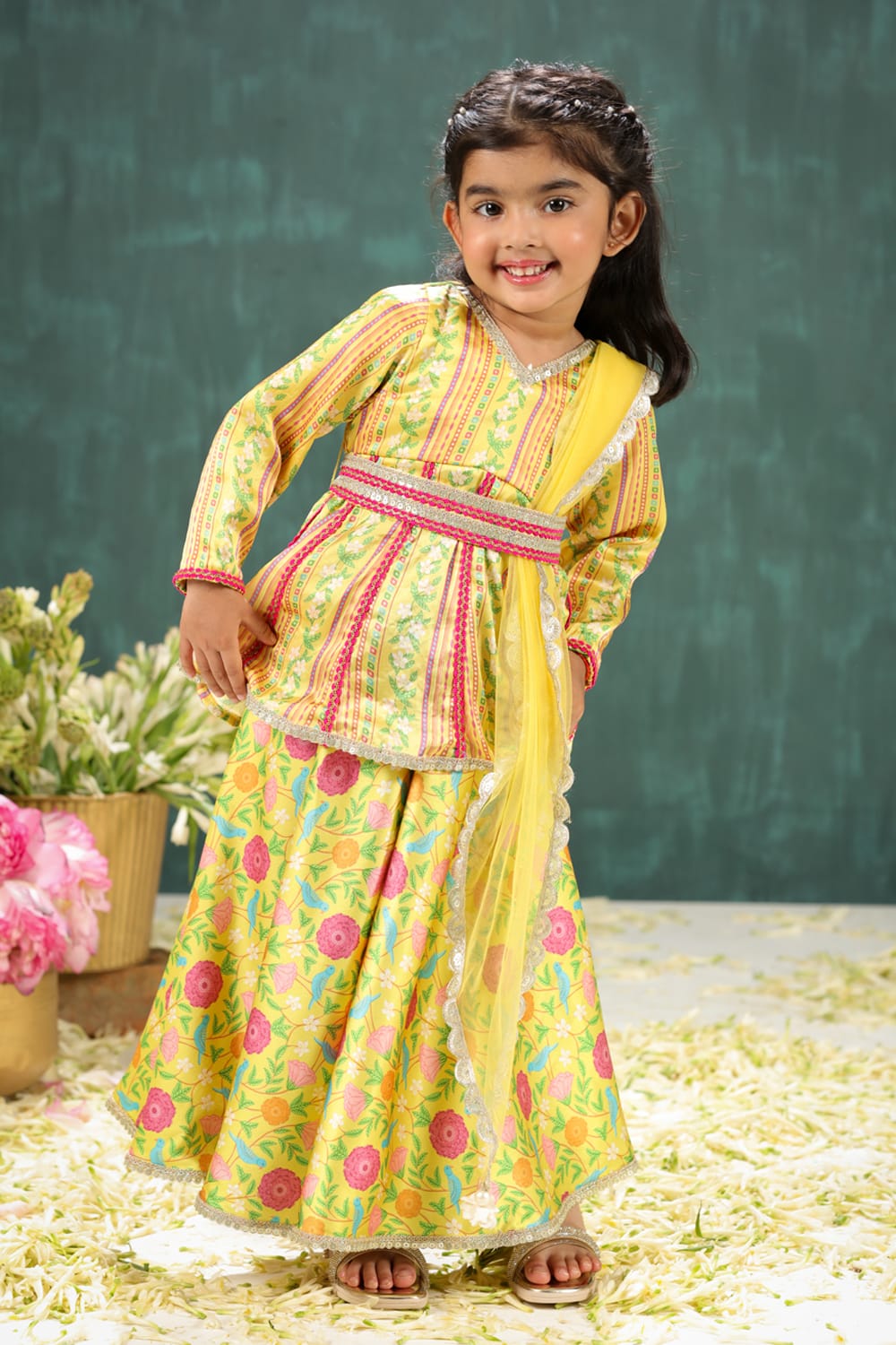 Peela Coordinated Stripe and Aloral Print Sharara Set – Yellow Kids Sharara Set | PNK – Isha Arora India