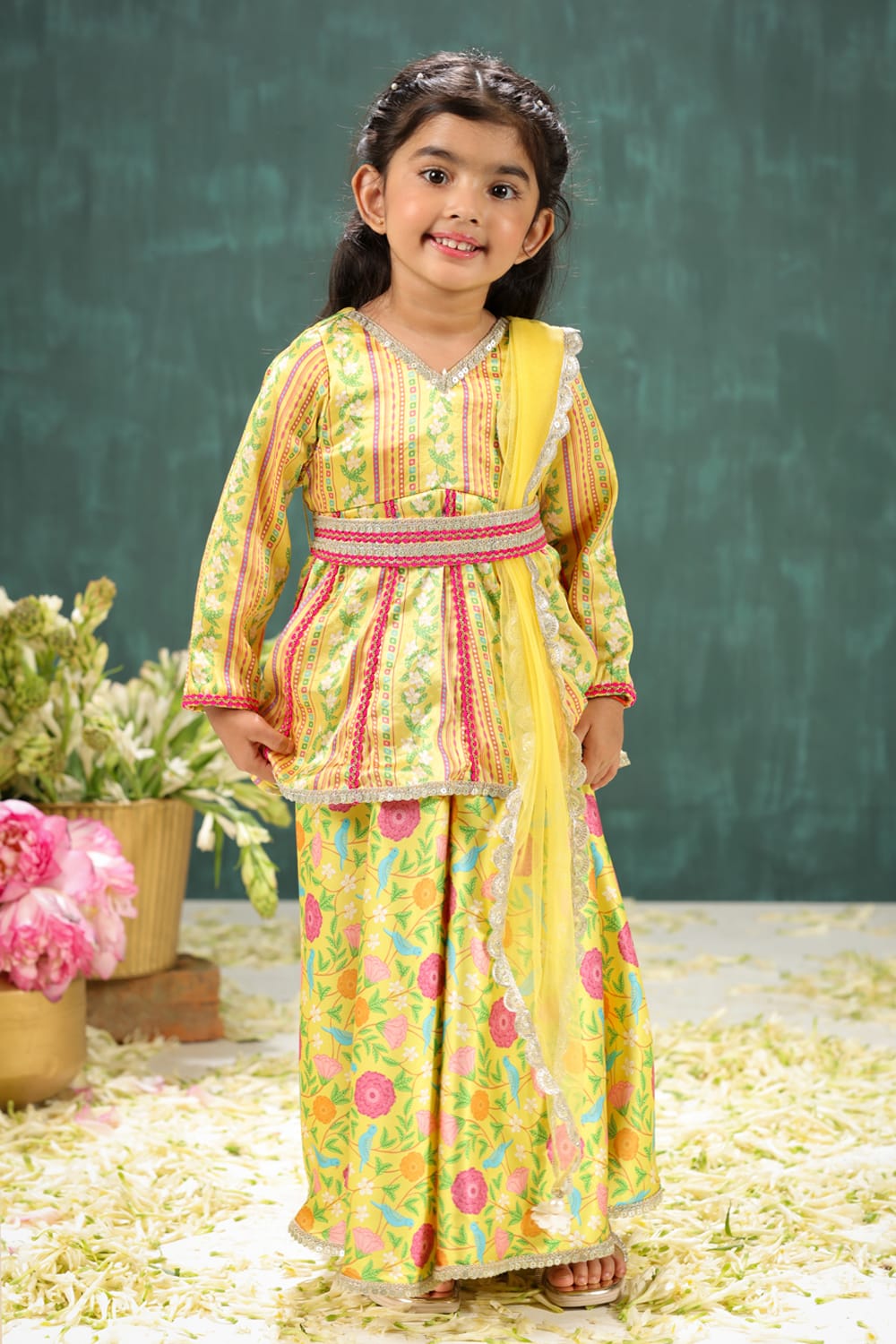 Peela Coordinated Stripe and Aloral Print Sharara Set – Yellow Kids Sharara Set | PNK – Isha Arora India