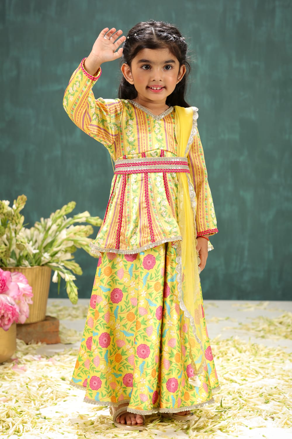 Peela Coordinated Stripe and Aloral Print Sharara Set – Yellow Kids Sharara Set | PNK – Isha Arora India
