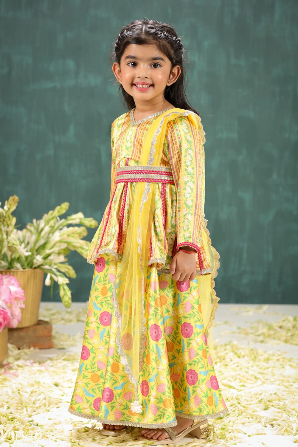 Peela Coordinated Stripe and Aloral Print Sharara Set – Yellow Kids Sharara Set | PNK – Isha Arora India