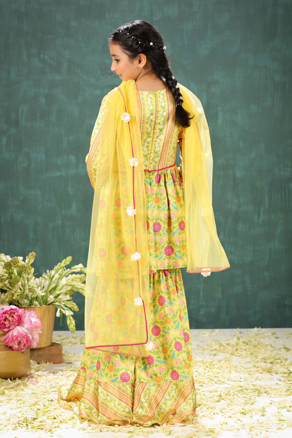 Peela Coordinated Stripe and Aloral Print Sharara Set – Yellow Kids Sharara Set | PNK – Isha Arora India