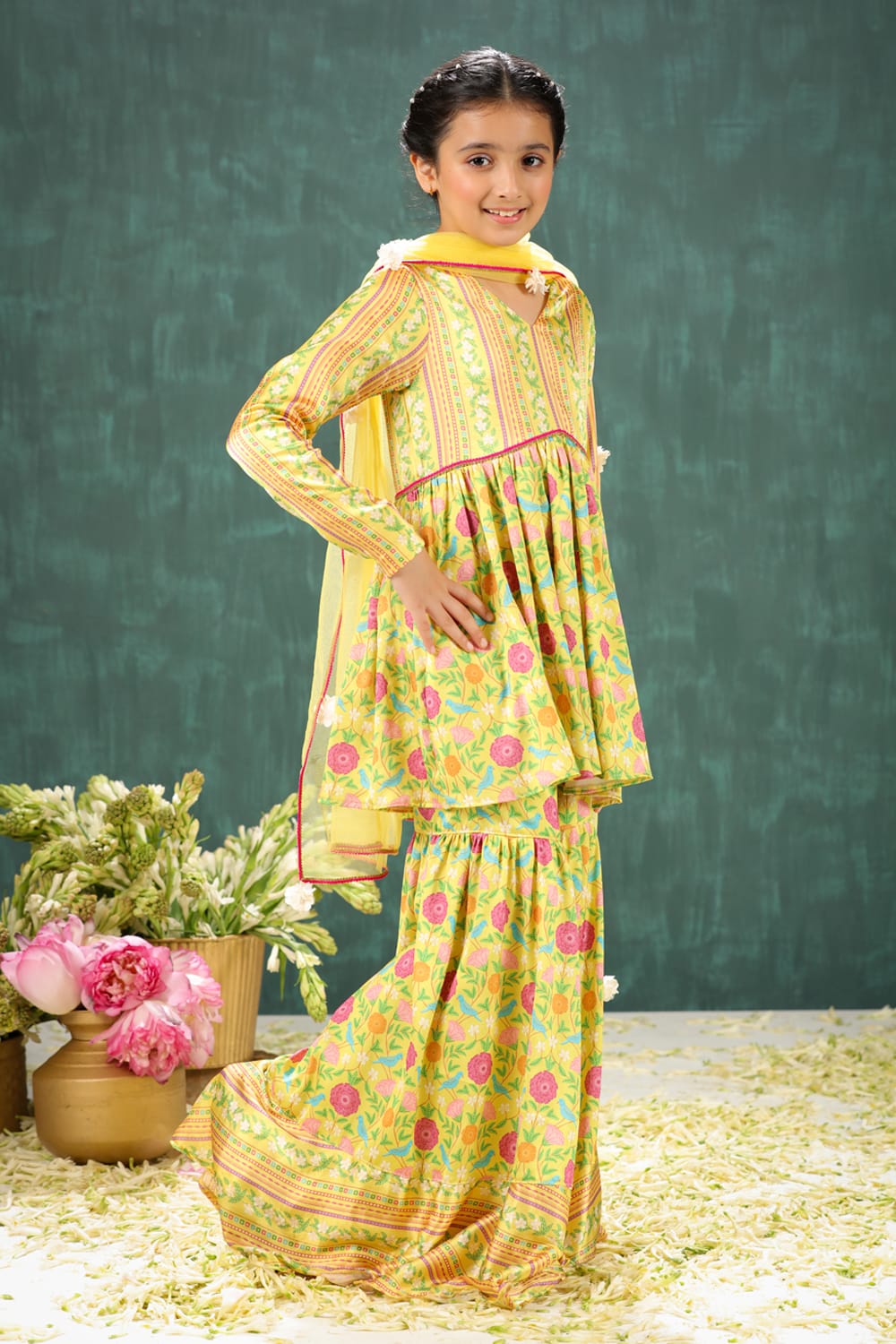 Peela Coordinated Stripe and Aloral Print Sharara Set – Yellow Kids Sharara Set | PNK – Isha Arora India