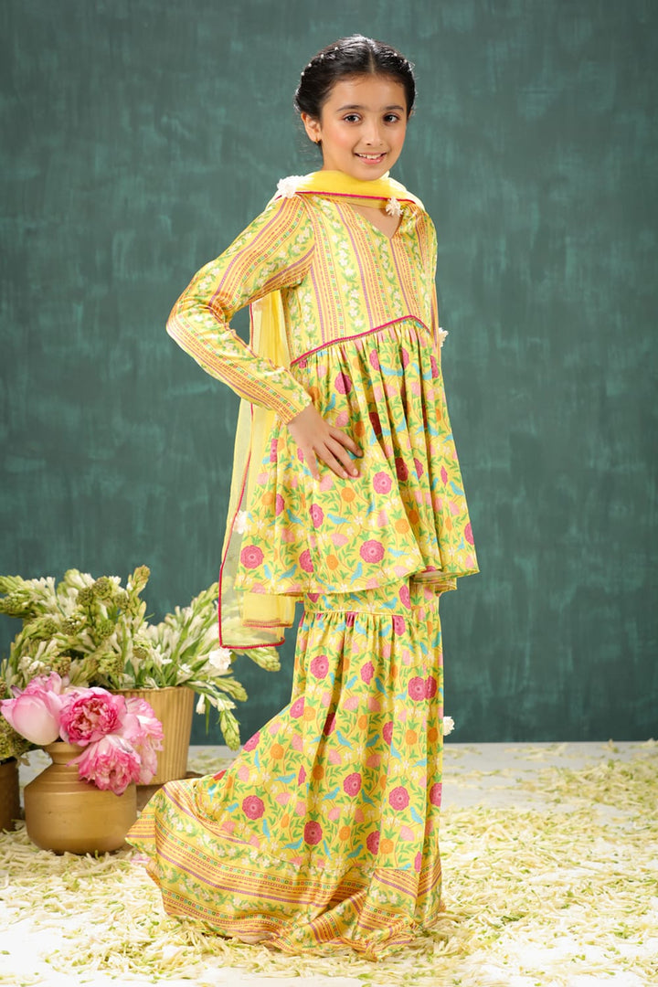 Peela Coordinated Stripe and Aloral Print Sharara Set – Yellow Kids Sharara Set | PNK – Isha Arora India
