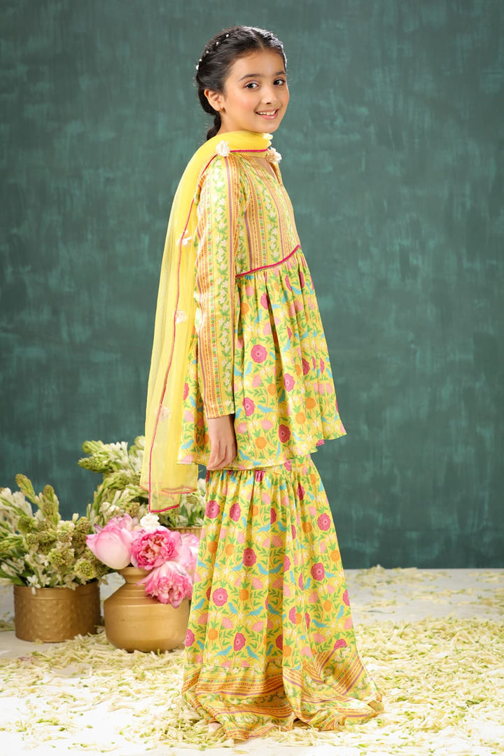 Peela Coordinated Stripe and Aloral Print Sharara Set – Yellow Kids Sharara Set | PNK – Isha Arora India