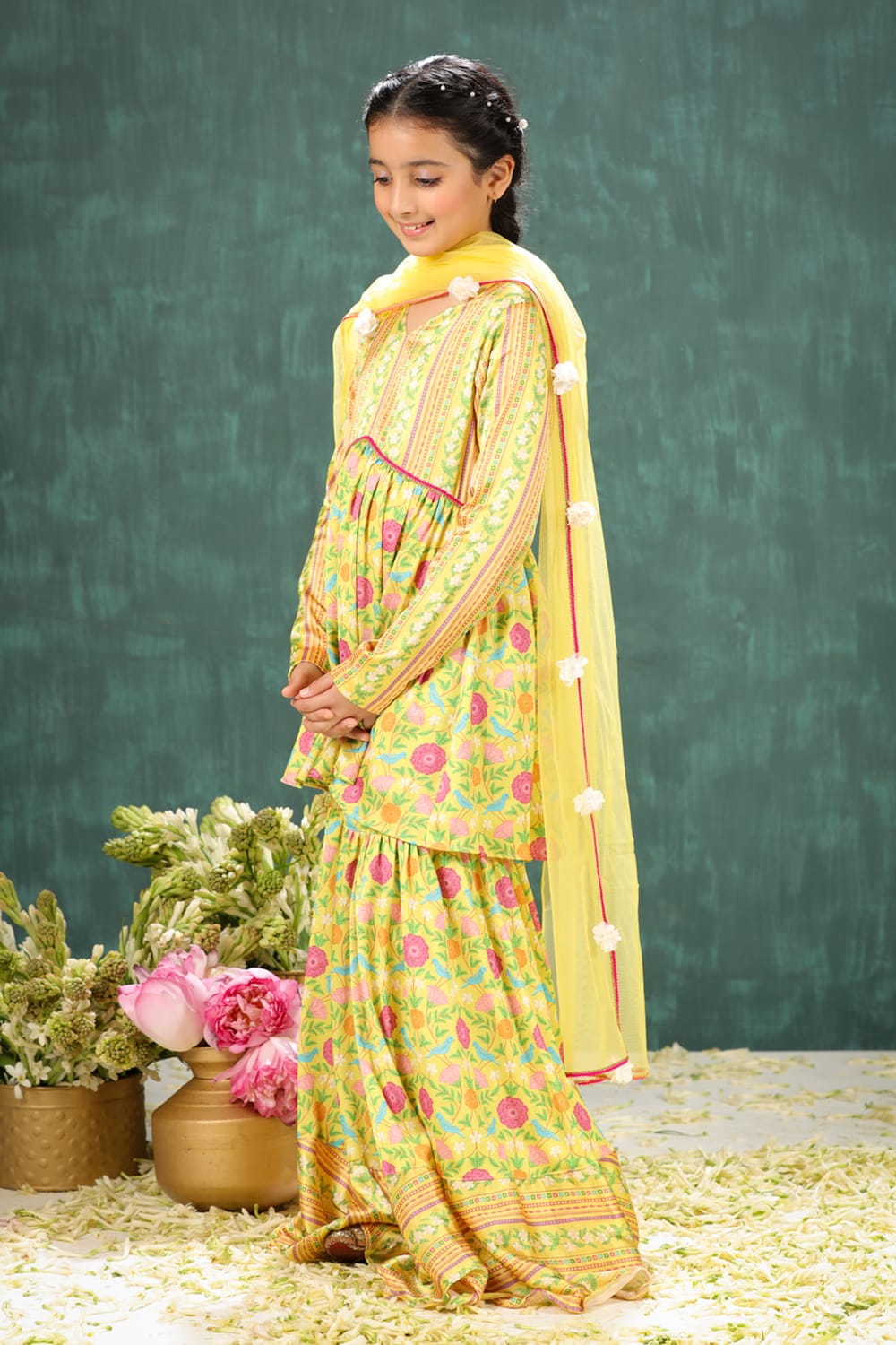 Peela Coordinated Stripe and Aloral Print Sharara Set – Yellow Kids Sharara Set | PNK – Isha Arora India
