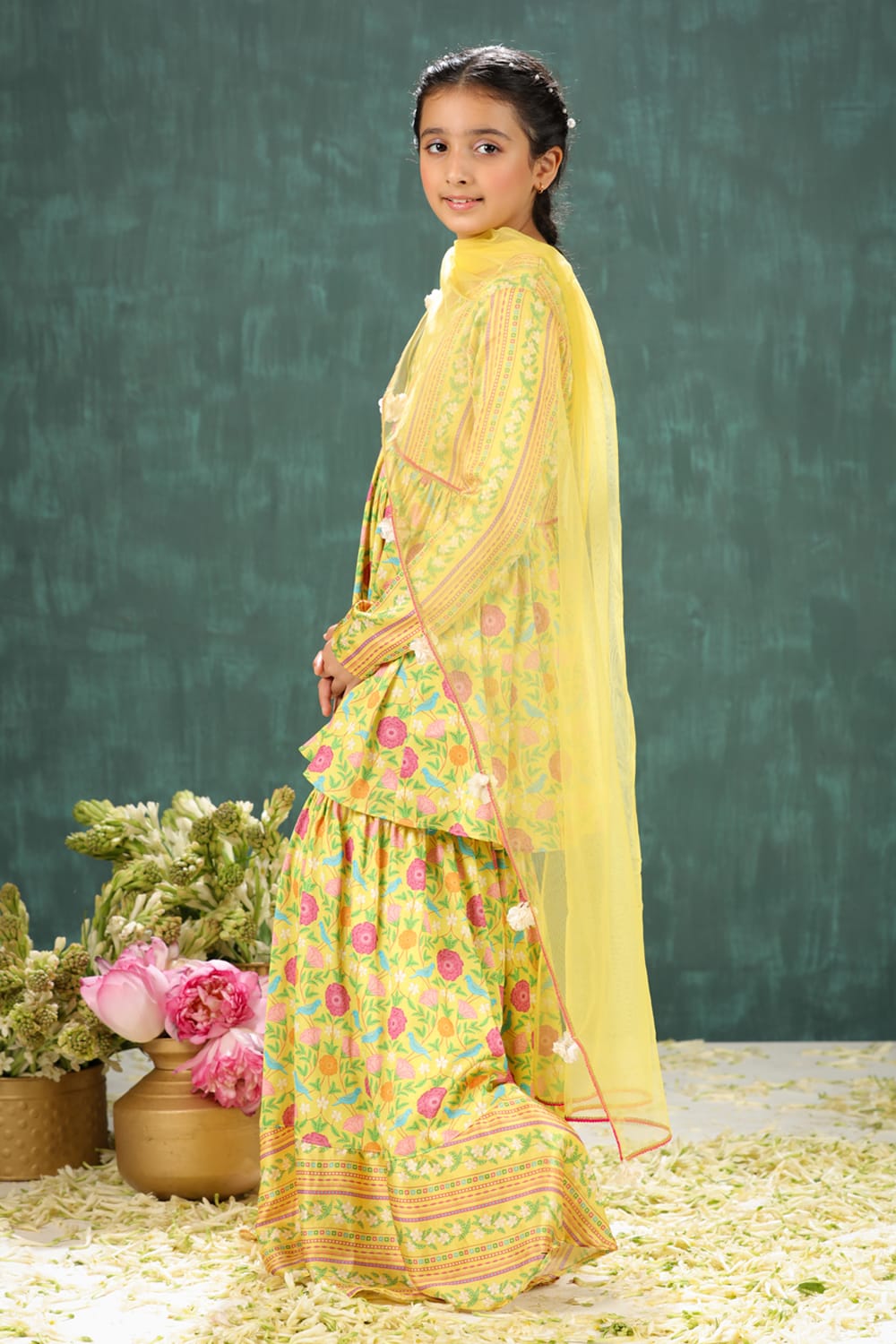 Peela Coordinated Stripe and Aloral Print Sharara Set – Yellow Kids Sharara Set | PNK – Isha Arora India