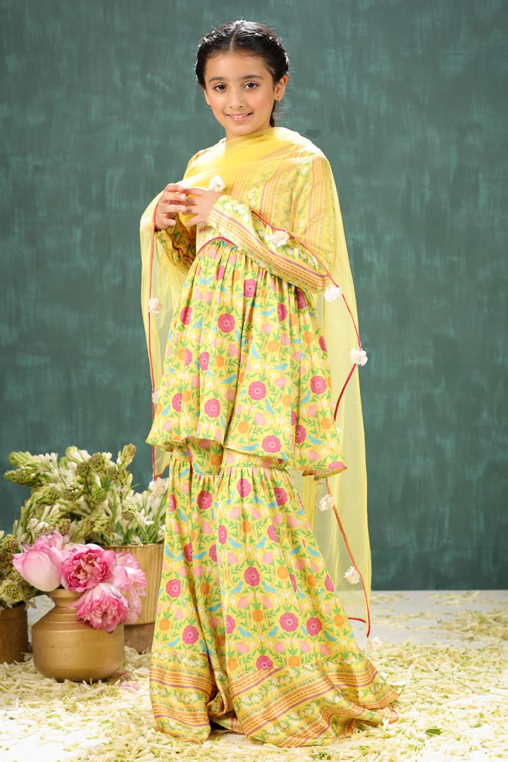 Peela Coordinated Stripe and Aloral Print Sharara Set – Yellow Kids Sharara Set | PNK – Isha Arora India