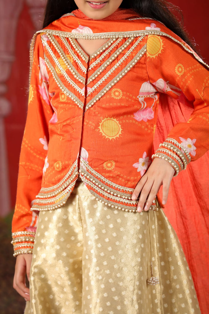 Shri Ram Orange Blouse With Gold Tissue 3 Pc Sharara Set – Orange Kids Sharara Set | PNK – Isha Arora India
