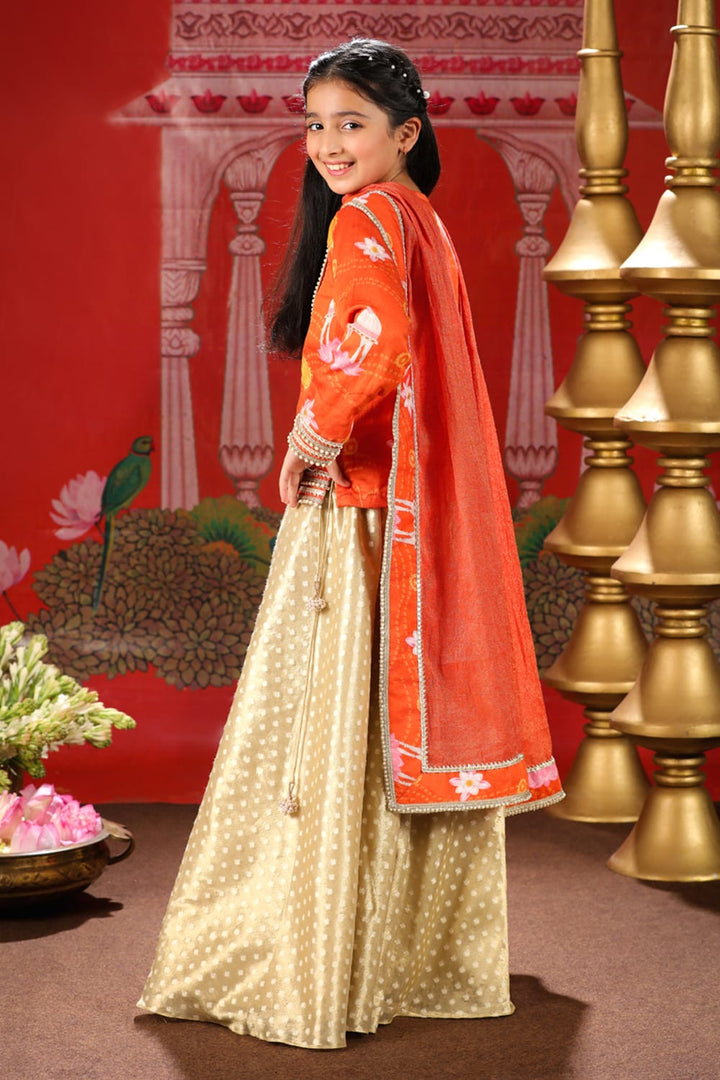 Shri Ram Orange Blouse With Gold Tissue 3 Pc Sharara Set – Orange Kids Sharara Set | PNK – Isha Arora India