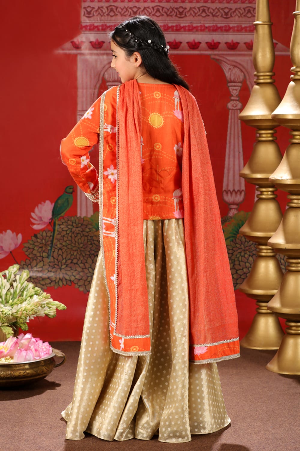Shri Ram Orange Blouse With Gold Tissue 3 Pc Sharara Set – Orange Kids Sharara Set | PNK – Isha Arora India