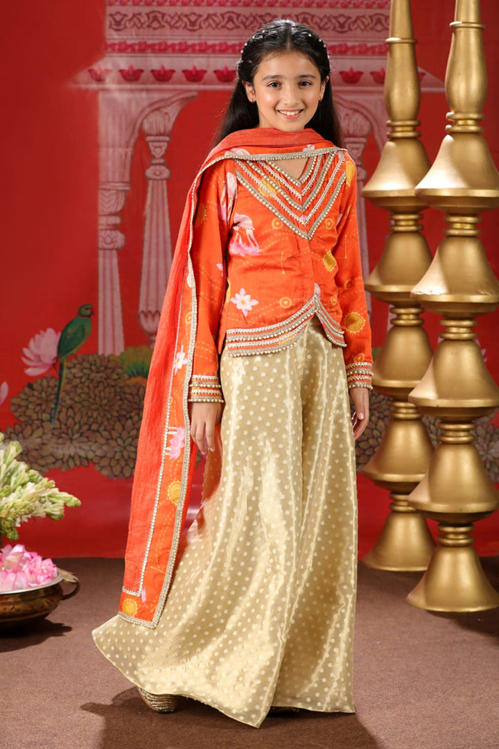 Shri Ram Orange Blouse With Gold Tissue 3 Pc Sharara Set – Orange Kids Sharara Set | PNK – Isha Arora India