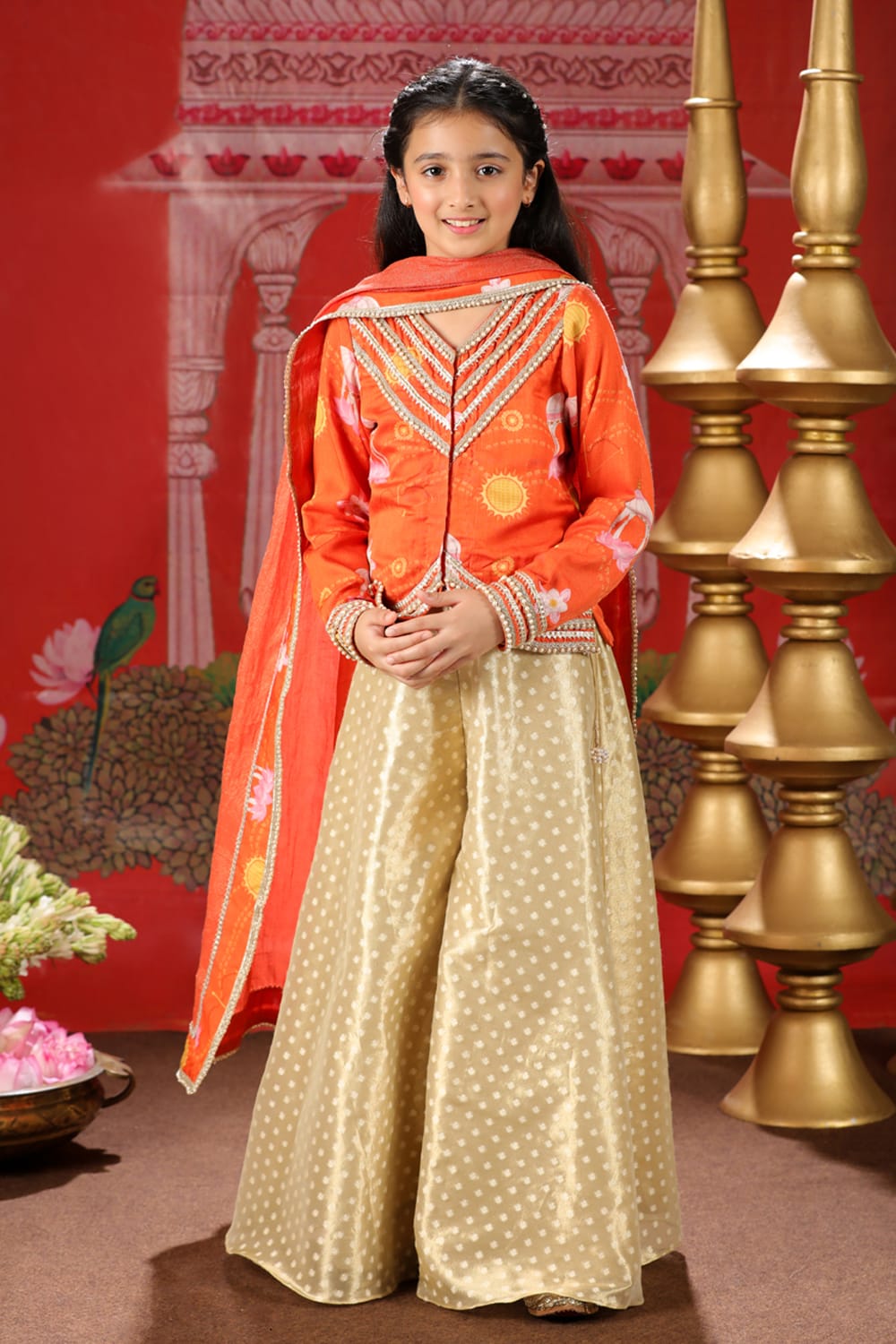 Shri Ram Orange Blouse With Gold Tissue 3 Pc Sharara Set – Orange Kids Sharara Set | PNK – Isha Arora India