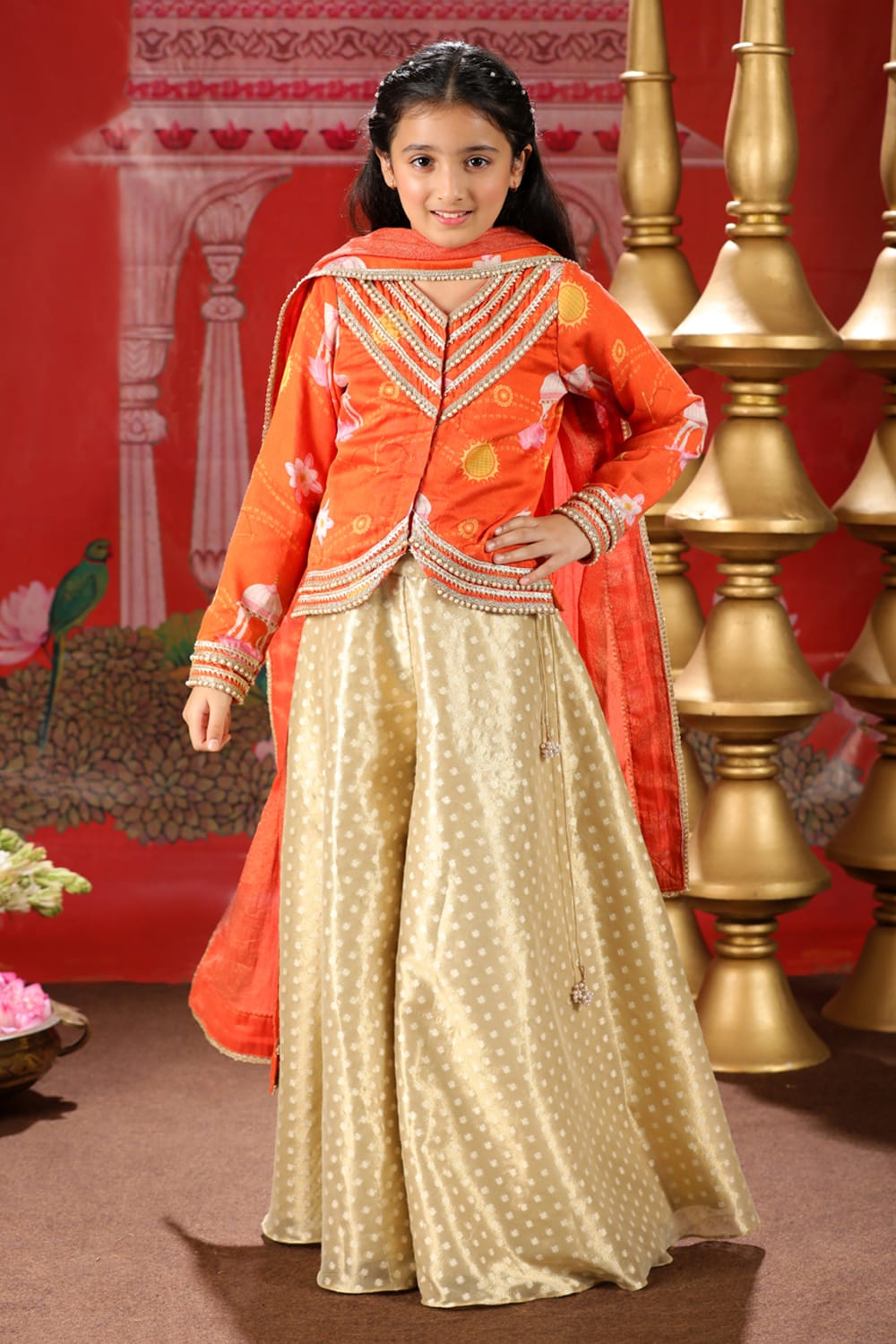Shri Ram Orange Blouse With Gold Tissue 3 Pc Sharara Set – Orange Kids Sharara Set | PNK – Isha Arora India