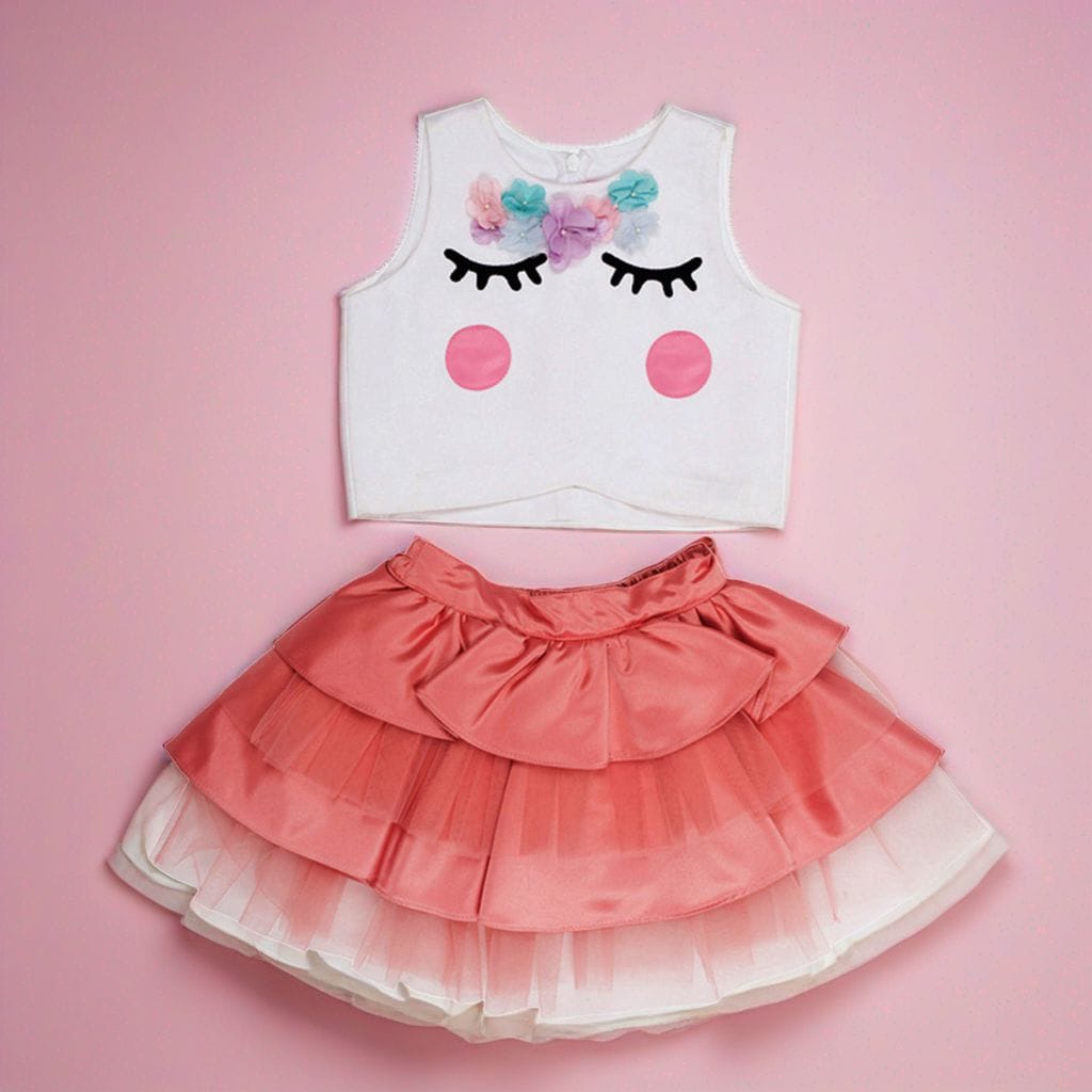 Unicorn Eyes Top With Flared Skirt Set – White Top & Skirt Set for Girls | PNK – Isha Arora India