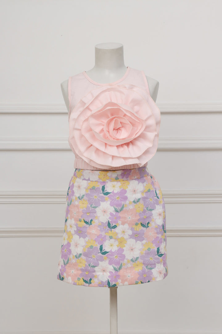Ruffle Flower Crop Top & Pastel Print Skirt Set