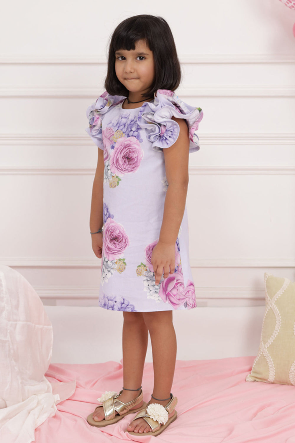 Lilac Floral Print Ruffle Sleeve Dress