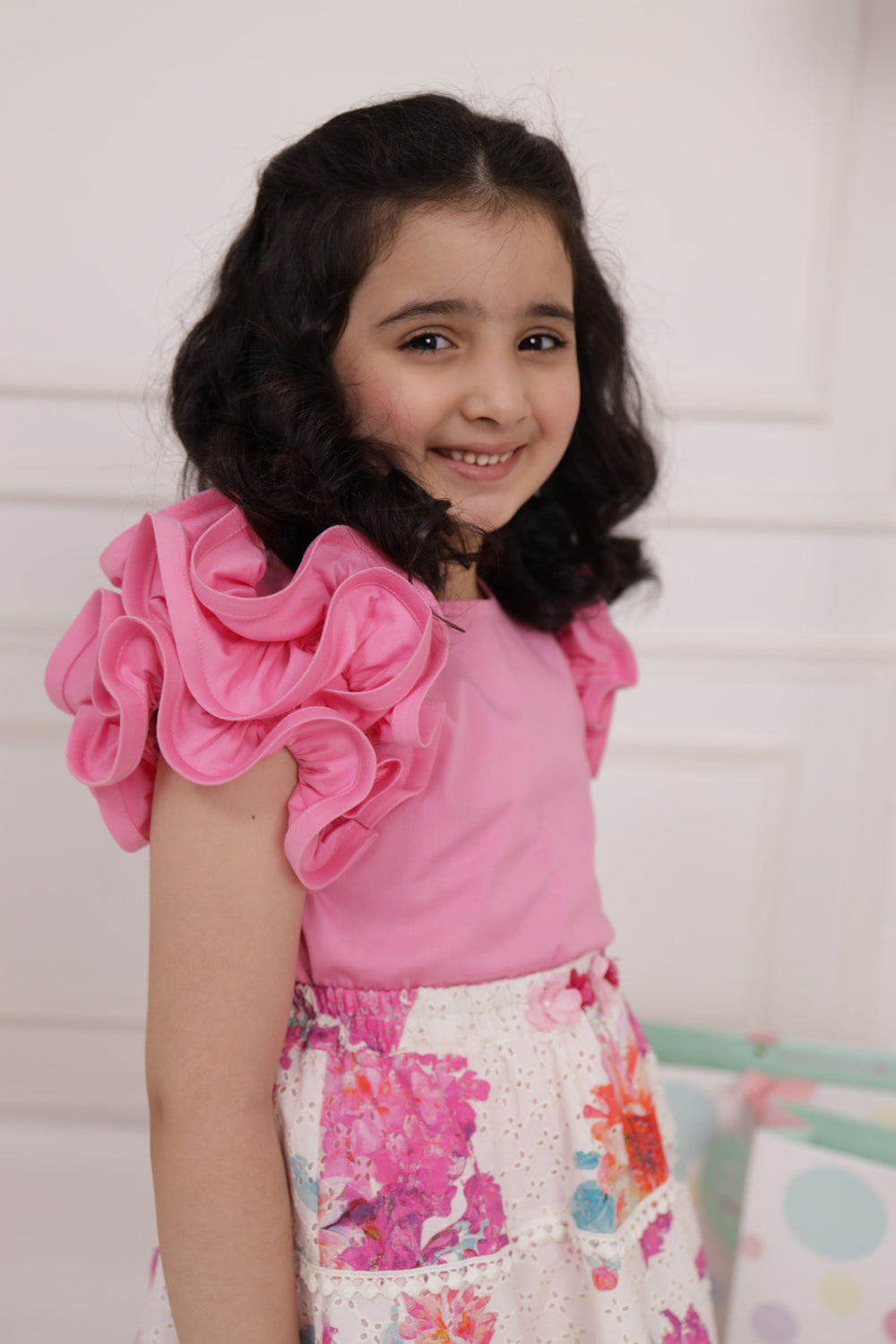 Candy Pink Top & Floral Print Skirt Set