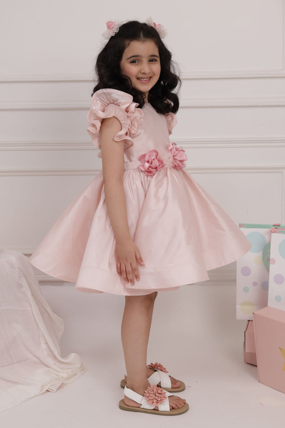 Soft Pink Ruffle Sleeve Flared Dress