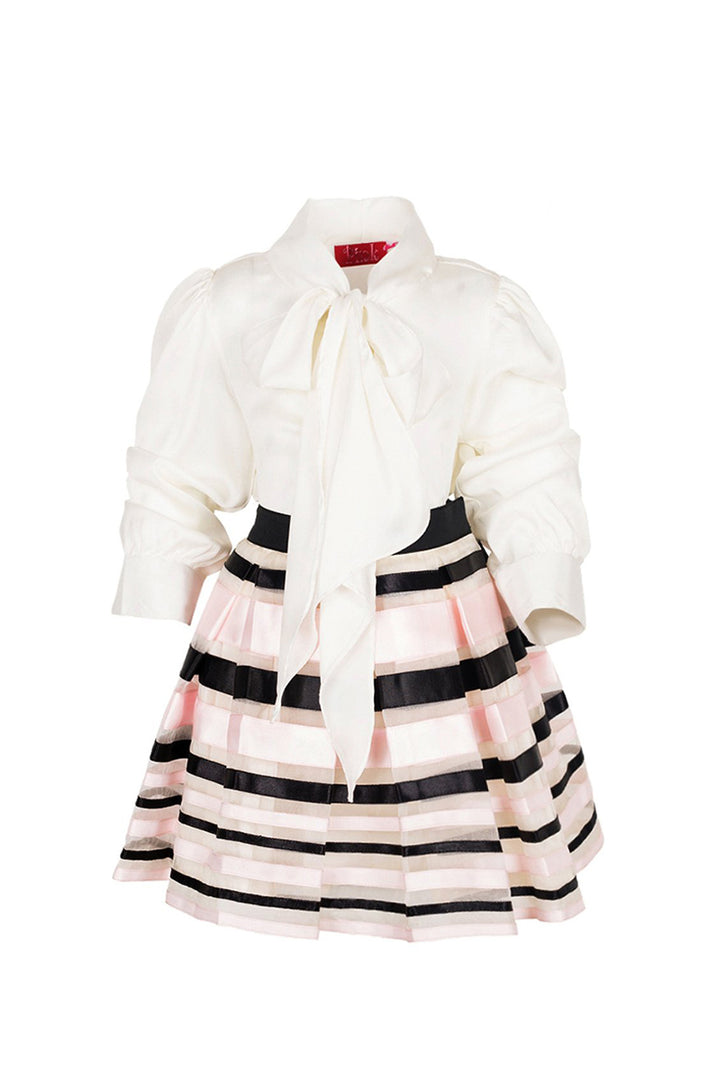 Off-White Top With Pink & Black Ribbon Skirt Set