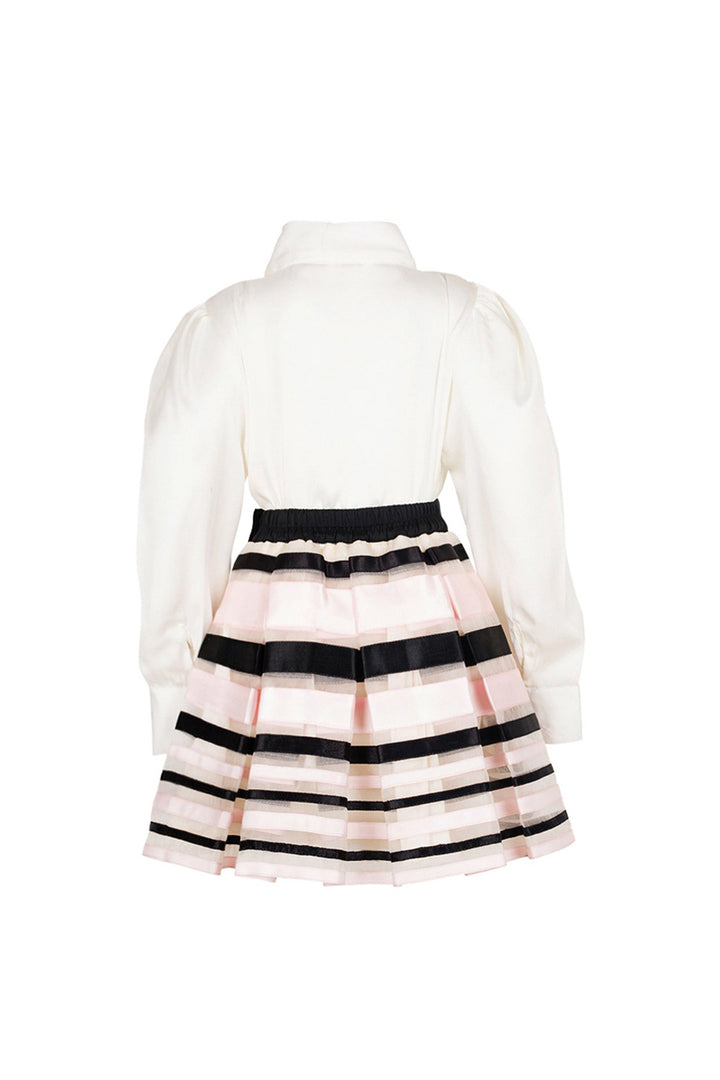 Off-White Top With Pink & Black Ribbon Skirt Set