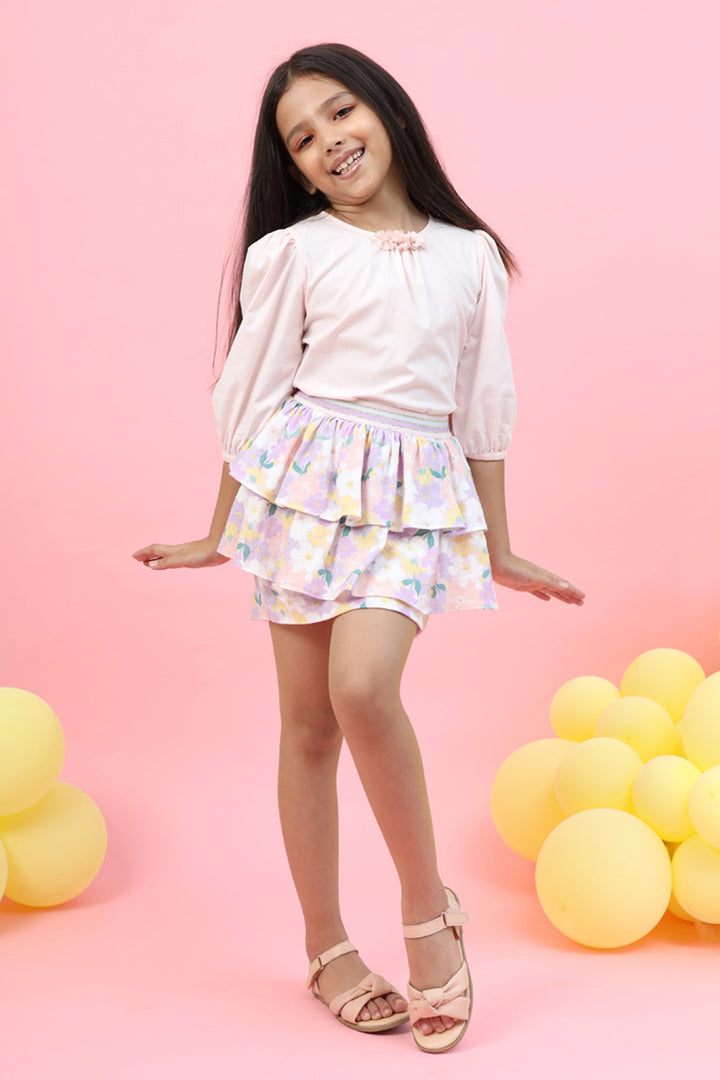Puff Sleeve Top & Printed Ruffle Skirt Set