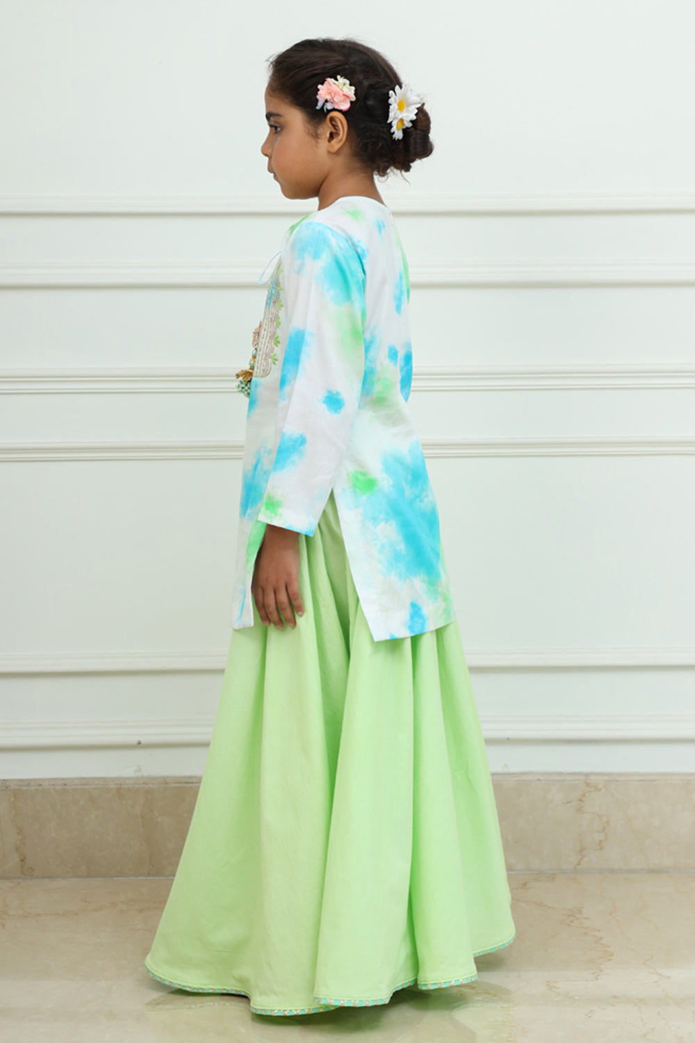 Tie & Dye Kurta & Lime Green Long Skirt Set