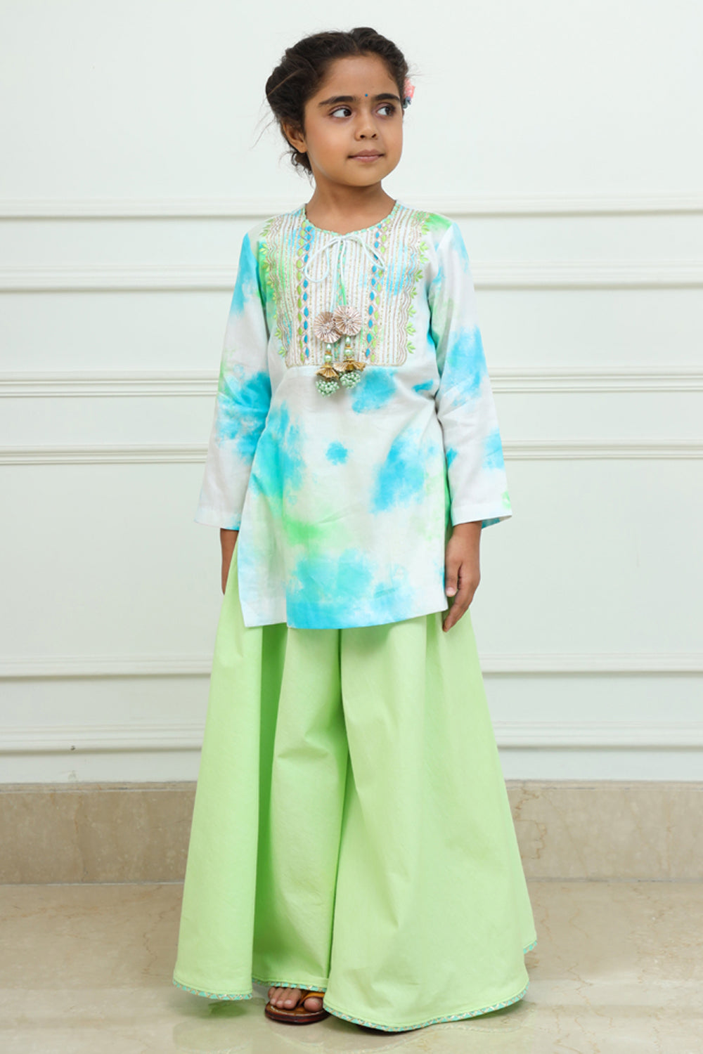 Tie & Dye Kurta & Lime Green Long Skirt Set