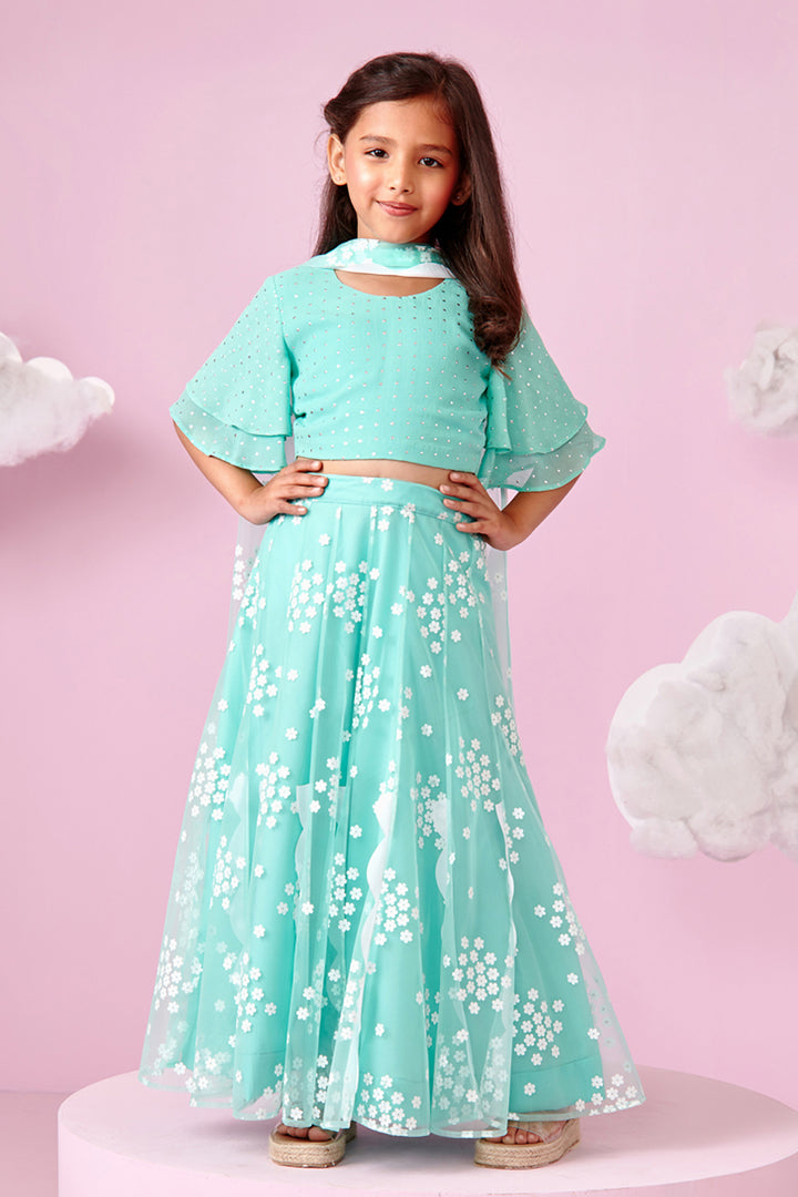 Teal Blue Printed Floral Net Skirt and Frilly Crop Top Set