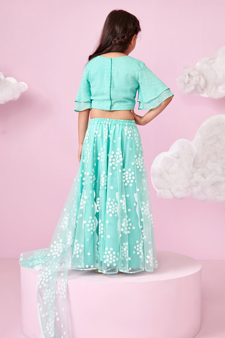 Teal Blue Printed Floral Net Skirt and Frilly Crop Top Set