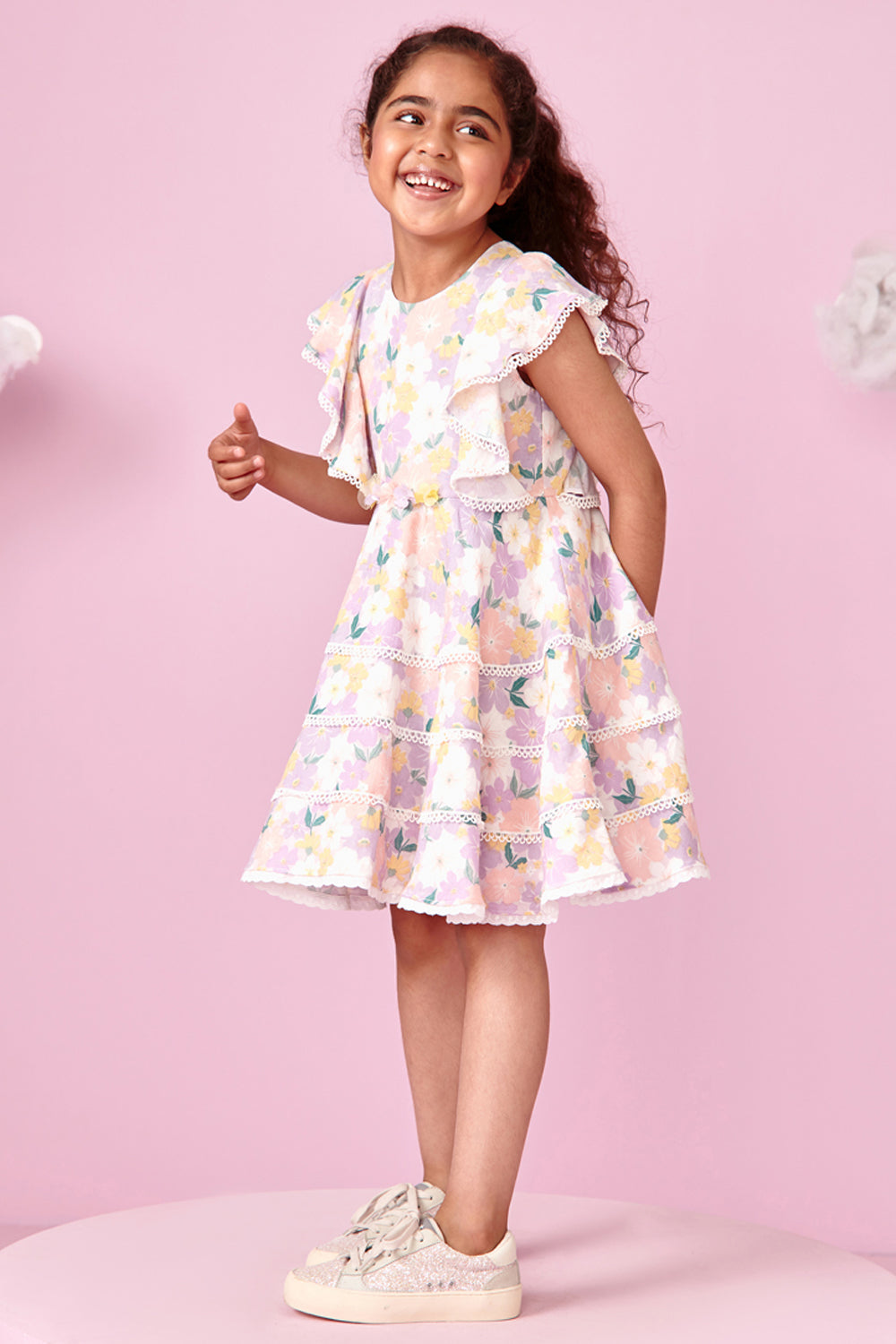 Floral Print Princess Panelled Frill & Laced Dress
