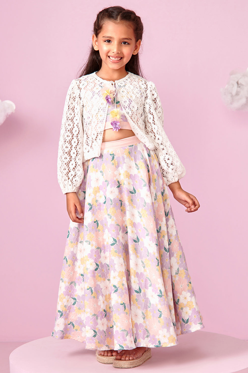 Floral Crop top with Crochet jacket & skirt set