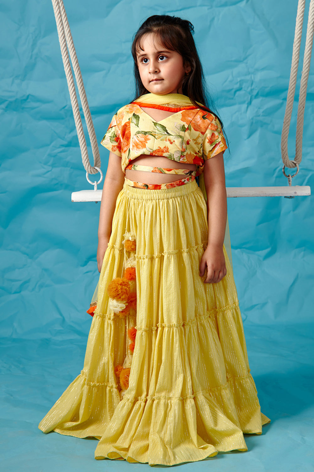 Yellow Floral Print blouse & Lehenga Set