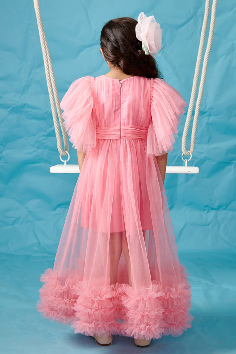 Candy Pink Frilly Sleeve Gathered Dress – Pink Designer Dress for Girls | PNK – Isha Arora India