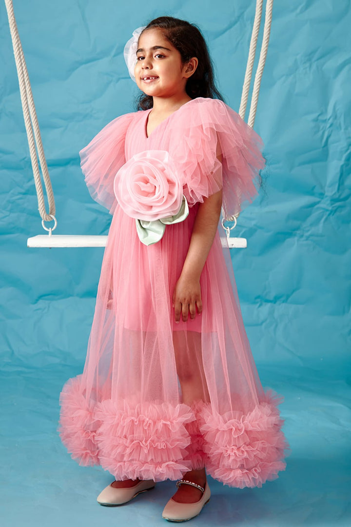 Candy Pink Frilly Sleeve Gathered Dress – Pink Designer Dress for Girls | PNK – Isha Arora India