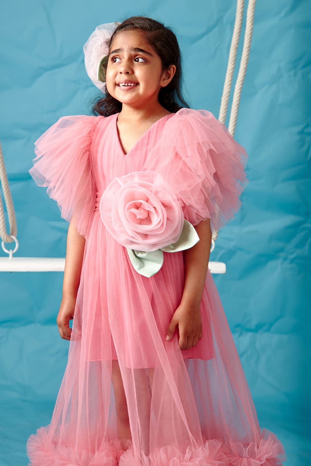 Candy Pink Frilly Sleeve Gathered Dress – Pink Designer Dress for Girls | PNK – Isha Arora India