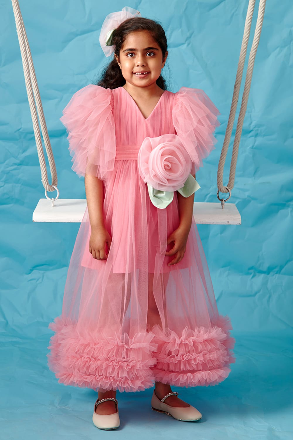 Candy Pink Frilly Sleeve Gathered Dress – Pink Designer Dress for Girls | PNK – Isha Arora India