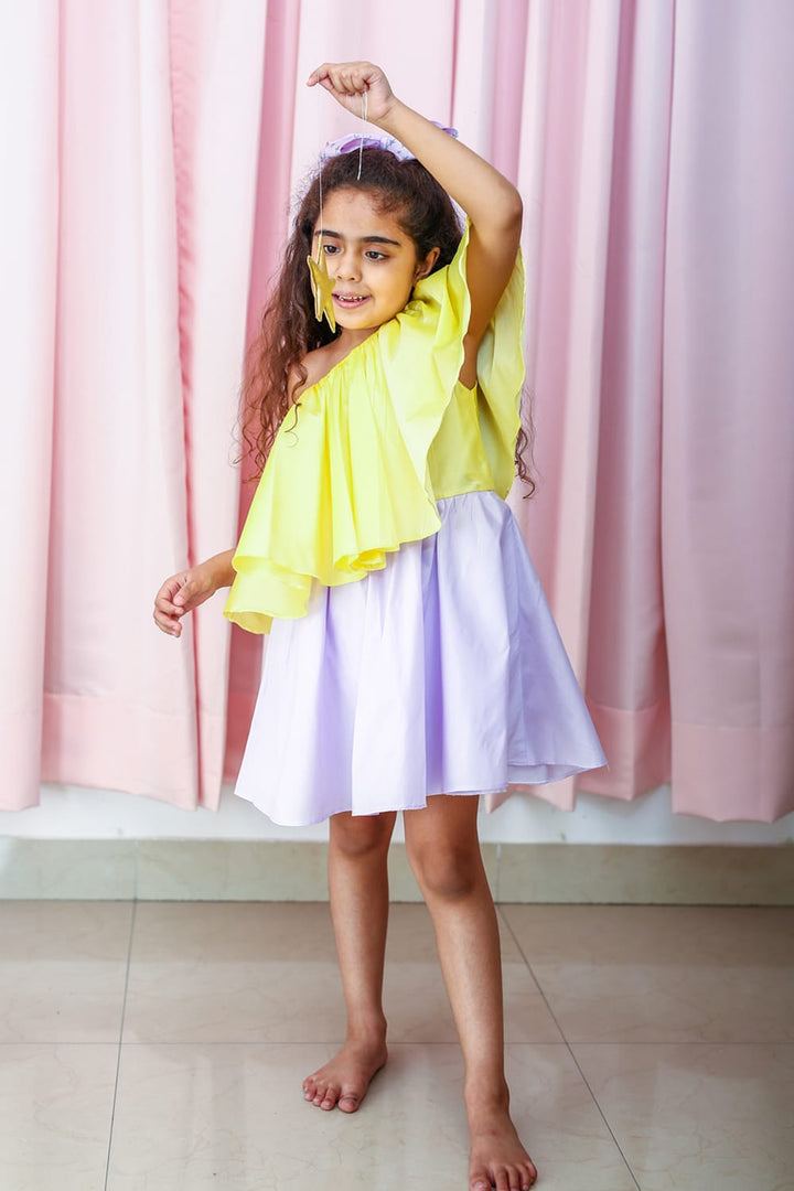 Candylicious Lemon-Lilac Dress – Yellow Designer Dress for Girls | PNK – Isha Arora India