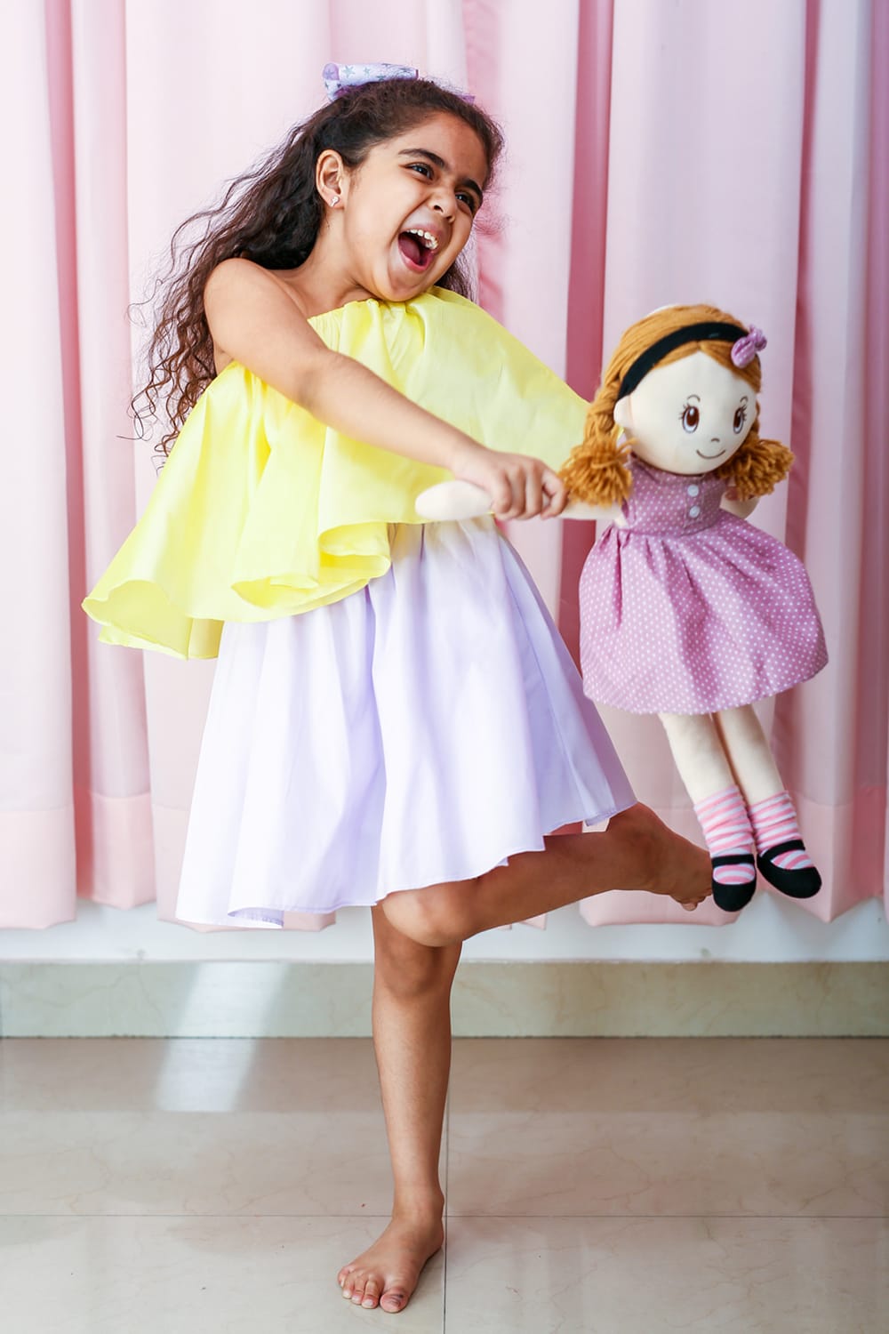 Candylicious Lemon-Lilac Dress – Yellow Designer Dress for Girls | PNK – Isha Arora India