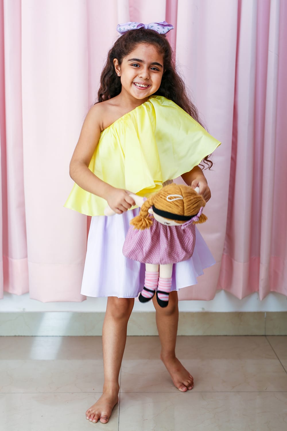Candylicious Lemon-Lilac Dress – Yellow Designer Dress for Girls | PNK – Isha Arora India