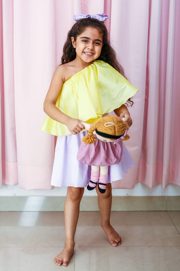 Candylicious Lemon-Lilac Dress – Yellow Designer Dress for Girls | PNK – Isha Arora India