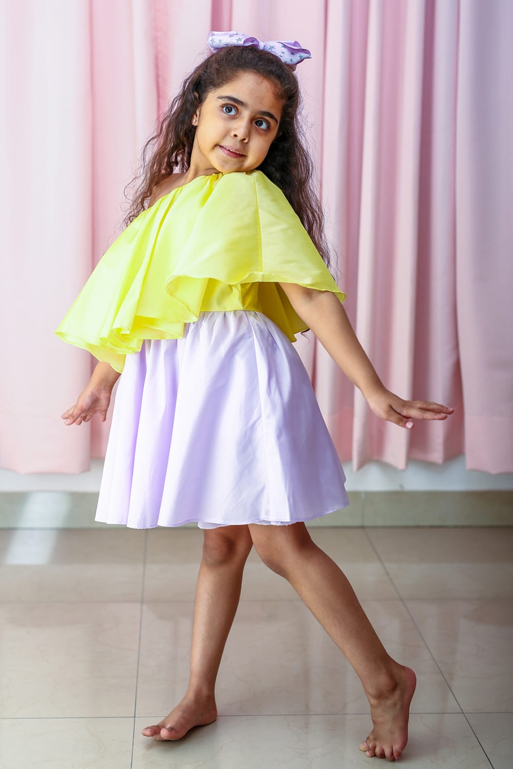 Candylicious Lemon-Lilac Dress – Yellow Designer Dress for Girls | PNK – Isha Arora India