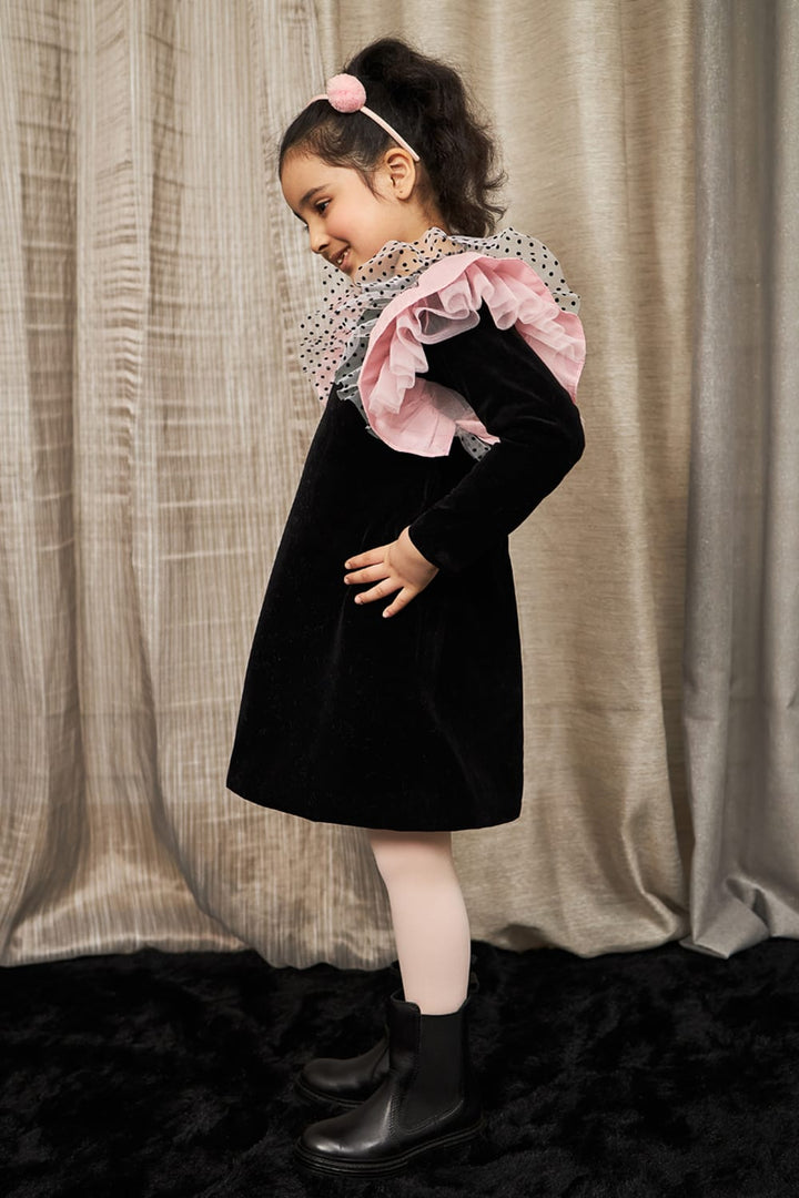 Doll Face Ruffle Sleeve – Black Designer Dress for Girls | PNK – Isha Arora India