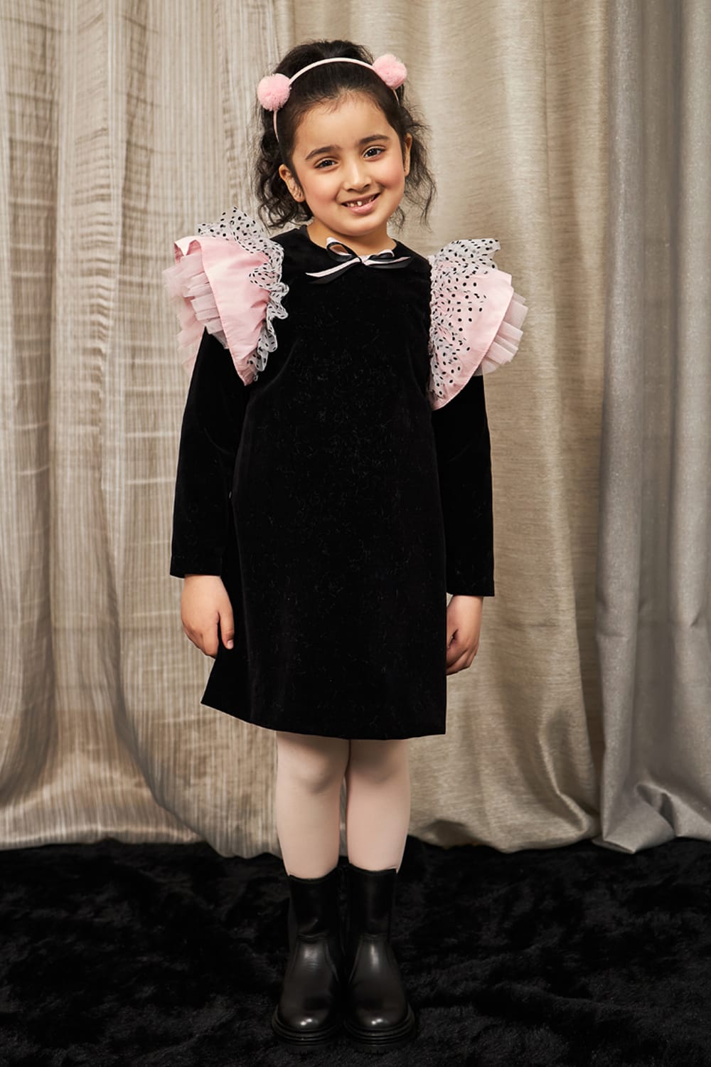 Doll Face Ruffle Sleeve – Black Designer Dress for Girls | PNK – Isha Arora India