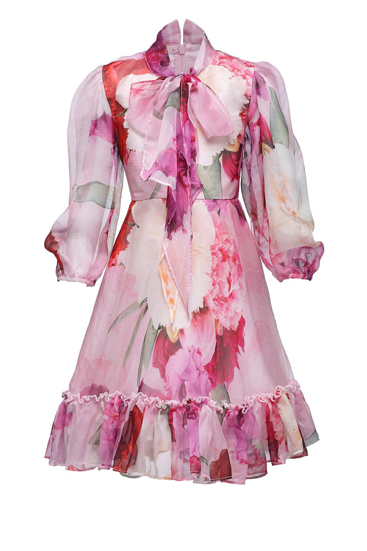 Floral Print Dress with Neck Tie up – Purple Designer Dress for Girls | PNK – Isha Arora India