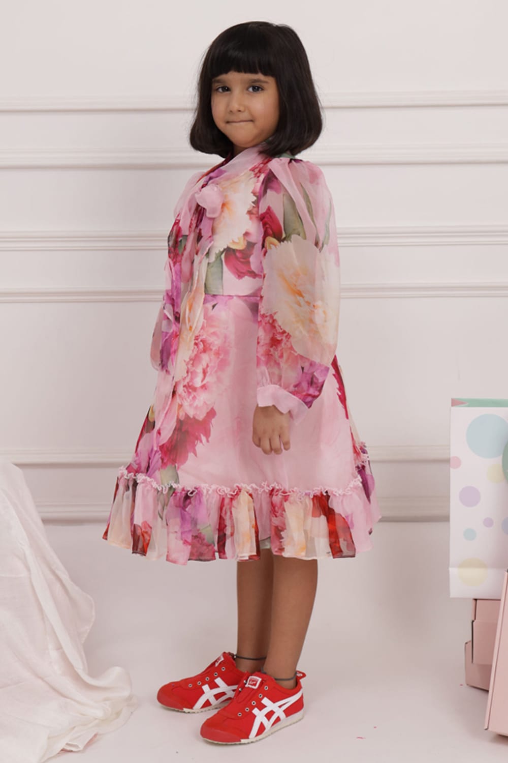 Floral Print Dress with Neck Tie up – Purple Designer Dress for Girls | PNK – Isha Arora India